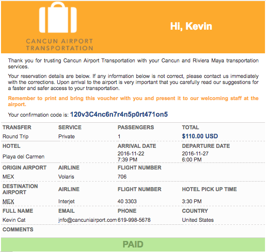 Confirma del transporte del aeropuerto de Cancún
